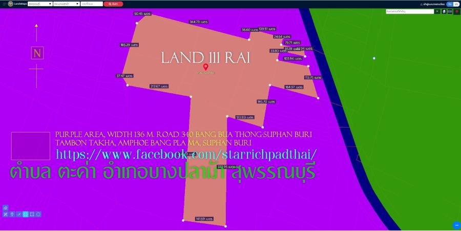ขายที่ดิน - ขายที่ดิน111ไร่ พื้นที่สีม่วง หน้ากว้าง 136ม. ถนน340 บางบัวทอง-สุพรรณบุรี กม.52 ตำบล ตะค่า อำเภอบางปลาม้า สุพรรณบุรี