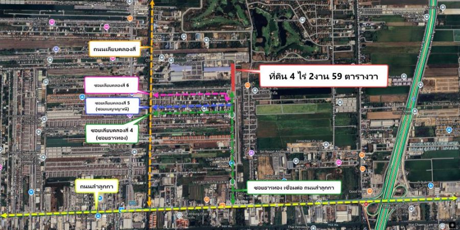 ขายที่ดิน - ขายที่ดินเปล่าราคาถูก ที่สวยถมแล้ว 4.5 ไร่ เข้าซอยลำลูกกา 69 (ซอยธารทอง) เป็นถนนทางลัดไปถนนรังสิต-นครนายก ใกล้สถานีรถไฟฟ้าลำลูกกา