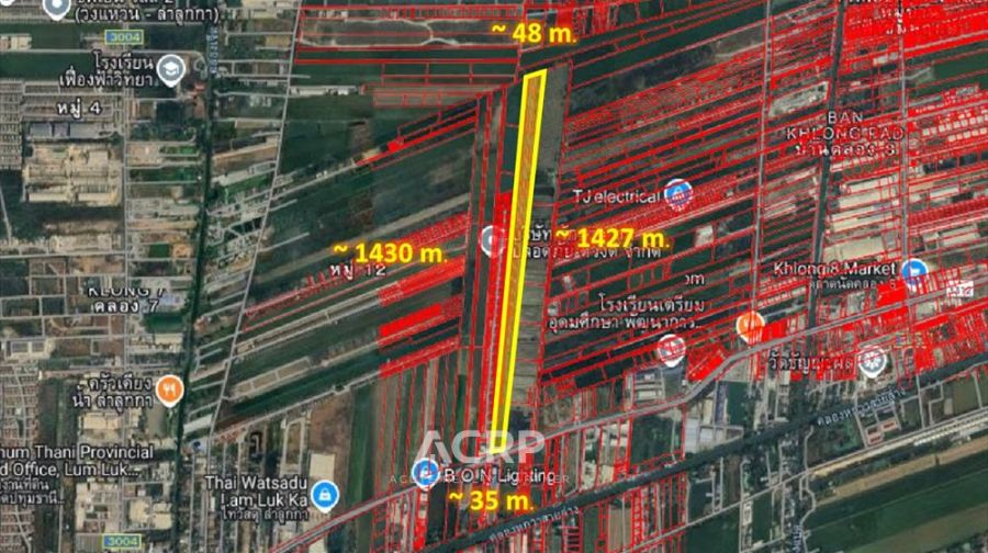 ขายที่ดิน - ขายที่ดิน 34-1-14.7 ไร่ ติดถนนลำลูกกา คลอง 7 พื้นที่สีเหลือง (ที่อยู่อาศัยหนาแน่นน้อย)