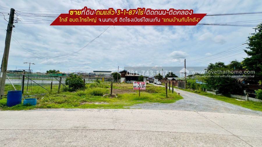 ขายที่ดิน - ขายที่ดิน ใกล้ อบต.ไทรใหญ่ อ.ไทรน้อย จ.นนทบุรี พื้นที่ 3-1-87 ไร่ ถมแล้ว ทำเลดี ติดถนน-ติดคลอง ติดโรงเบียร์ไฮเนเก้น