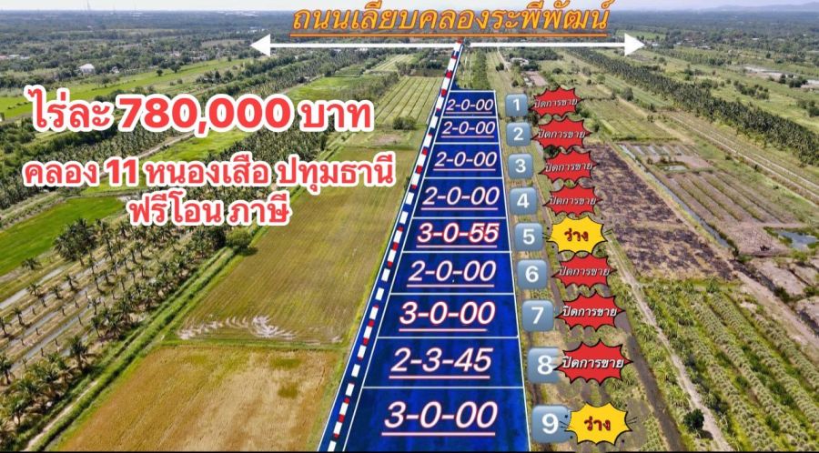 ขายที่ดิน - คลอง 11 หนองเสือ ปทุม ที่ดินเชิงเกษตร ไร่ละ 780,000 บาท ผ่อนได้ 12 เดือน ห่างไฟฟ้า 300 ม. ประปาพร้อม O95-4O18698