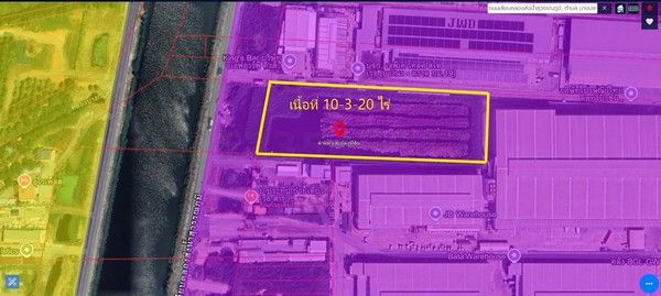 ขายที่ดิน - ที่ดินสีม่วงเข้ม บางนาตรา คลองส่งน้ำสุวรรณภูมิ สร้างโรงงาน สร้างโกดัง เนื้อที่ 10-3-20 ไร่ ขายไร่ละ 17 ล้านบาท บางพลี สมุทรปราการ