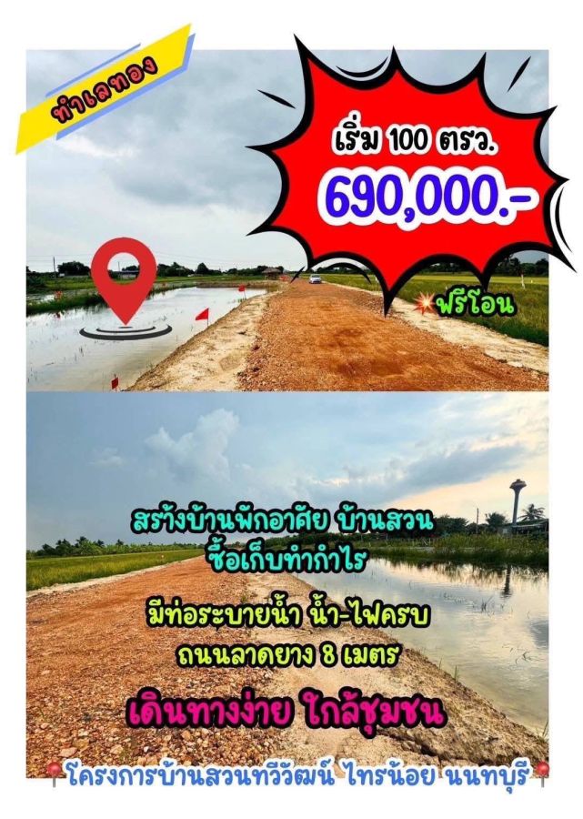 ขายที่ดิน - บ้านสวนทวีวัฒน์ไทรน้อย นนทบุรีแบ่งขาย100ตรว.น้ำ-ไฟพร้อมถนนลาดยาง