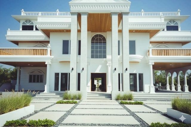 ขายบ้าน - นิคมอุตสาหกรรมลาดกระบัง ขายคฤหาสน์ บ้าน 3.5 ชั้น กว้างใหญ่ 280 ตร.วา. 608 ตร.ม.รพ.นพรัตนราชธานี คุ้มเกล้า 1.9 กม. ติดทะเลสาบ 5นอน 5 น้ำ