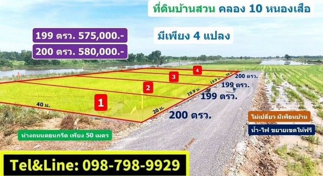ขายที่ดิน - บ้านสวน วิวท้องนา ที่ดินคลอง10 รังสิต ปทุมธานี 200 ตรว. 580,000.-เท่านั้น
