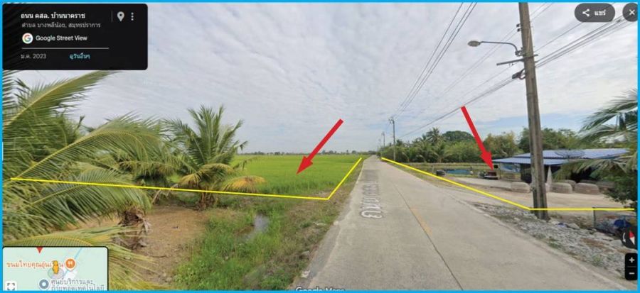 ขายที่ดิน - ขายถูกที่ดินติดถนน คสล. บ้านนาคราช ต.บางพลีน้อย อ.บางบ่อ จ.สมุทรปราการ หน้าที่ดินกว้าง 111 ม. ยาว 524 ม.