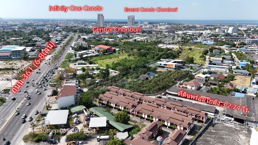 ขายโรงงาน / โกดัง - ขายที่ดินผังแดงพร้อมโกดัง 3-2-74 ไร่ ใจกลางเมืองชลบุรี ติดโกลบอลเฮ้าส์ ใกล้ถนน 361 เพียง 130 เมตร