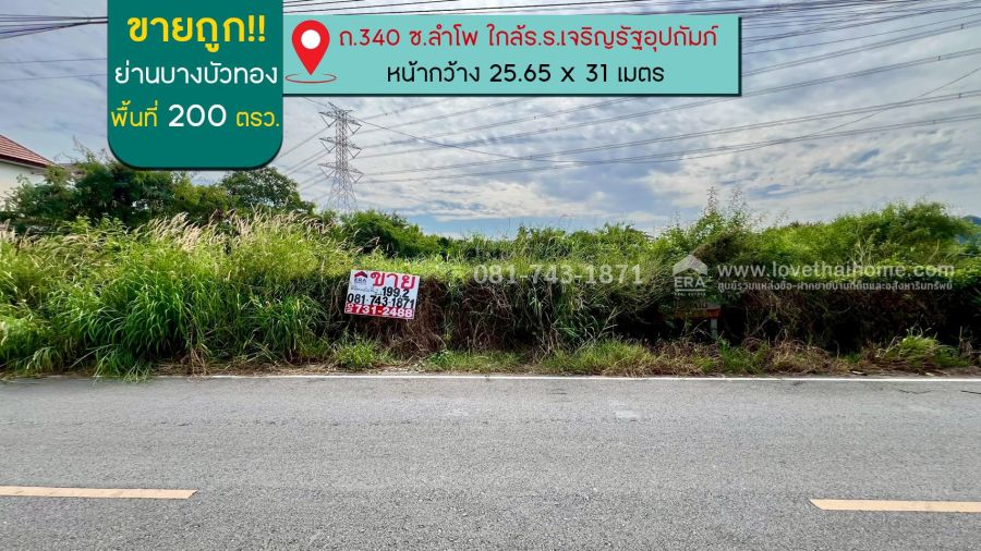 ขายที่ดิน - ขายที่ดินบางบัวทอง ถนน340 ซอยลำโพ พื้นที่ 200 ตรว. ใกล้ร.ร.เจริญรัฐอุปถัมภ์ ขายไม่แพง 2.99 ล้านบาทเอง อยู่ต้นซอยกำนัน