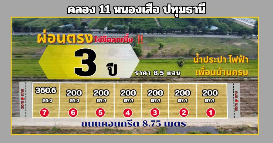 - ผ่อนตรงเจ้าของ 3 ปี ไม่มีดอกเบี้ย 200 ตร.ว 8.5 แสน ที่ดินแปลงสวย ทำเลทอง คลอง 11 หนองเสือ ห่างถนนคลองหลวง - หนองเสือเพียง 60 เมตร เข้าซอย 700 เมตร