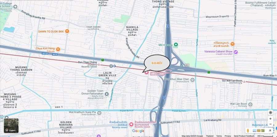- ให้เช่าที่ดินแปลงใหญ่ถมแล้ว 6 ไร่ เฉลิมพระเกียรติ ร.9 ใกล้ ARL บ้านทับช้าง + Motorway รถใหญ่เข้าได้
