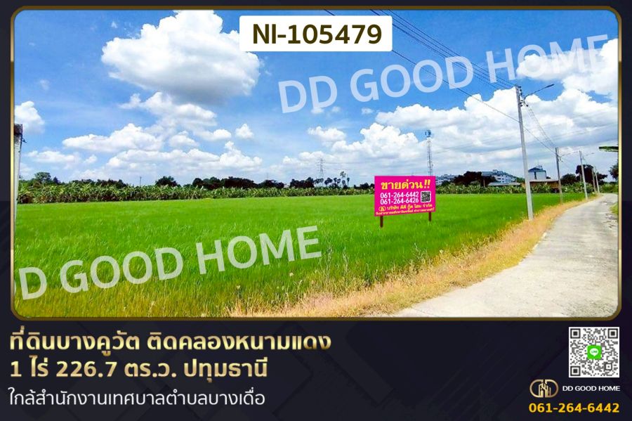 - ที่ดินบางคูวัต ติดคลองหนามแดง 1 ไร่ 226.7 ตร.ว. ปทุมธานี ใกล้สำนักงานเทศบาลตำบลบางเดื่อ