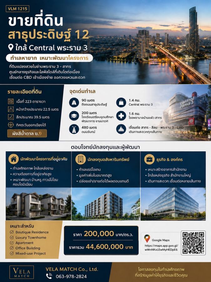 - ที่ดินทำเลธุรกิจ สาธุประดิษฐ์ 12 ใกล้สาทร เหมาะสร้างสำนักงานใหญ่ Office หรือ Sport Club เนื้อที่ 223 ตารางวา