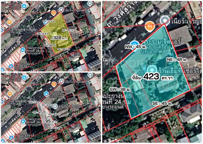 - ที่ดินพร้อมสิ่งปลูกสร้าง 328 ตร.วา ติดถนนวงศ์สว่าง (ระหว่างซอย 2-4) ฝั่งขาขึ้นสะพานพระราม 7 บางซื่อ