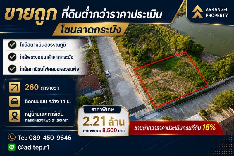 - ขายต่ำกว่าราคาประเมินกรมที่ดิน 15% ที่ดินคลองหลวงแพ่ง ถมใหม่ 260 ตร.วา แปลงมุม ติดถนนเมน ม.เลคการ์เด้น ใกล้มอเตอร์เวย์ สุวรรณภูมิ ลาดกระบัง