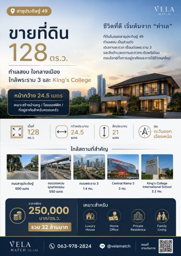 - ขายที่ดิน 128 ตร.ว. สาธุประดิษฐ์ 49 หน้ากว้าง 24.5 เมตร ทำเลสงบ ใกล้พระราม 3 และ King s College