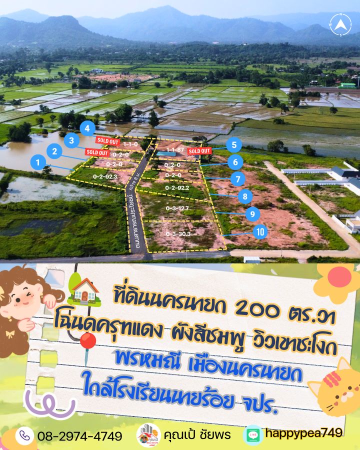 - ที่ดิน 200 ตร.วา โฉนดครุฑแดง ผังสีชมพู วิวภูเขา พรหมณี เมืองนครนายก ใกล้ จปร.