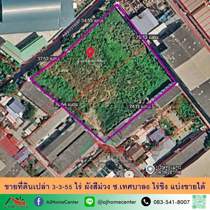 - ขายที่ดินเปล่า3-3-55ไร่ ผังสีม่วง ซ.เทศบาล6 ไร่ขิง แบ่งขายได้