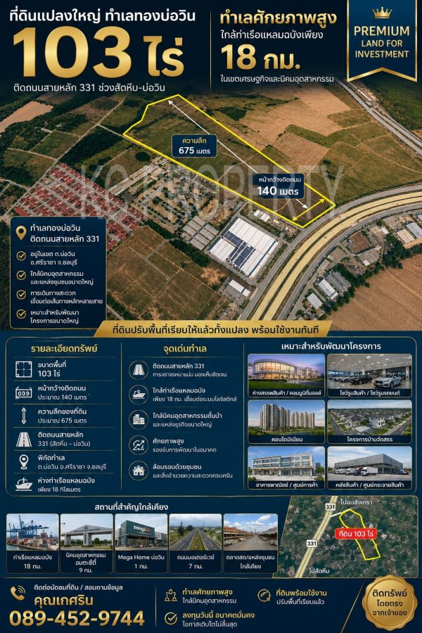 - ที่ดิน EEC แปลงใหญ่ 103 ไร่ ติดถนนสายหลัก 331บ่อวิน ทำเลทองใกล้ท่าเรือแหลมฉบัง เหมาะพัฒนาโครงการอสังหา และคลังสินค้า"