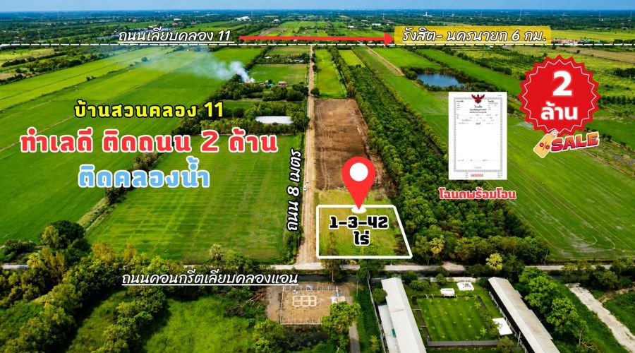 - ที่ดินคลอง 11 หนองเสือ ติดคลอง ไกล้ชุมชนเหมาะทำบ้านสวน