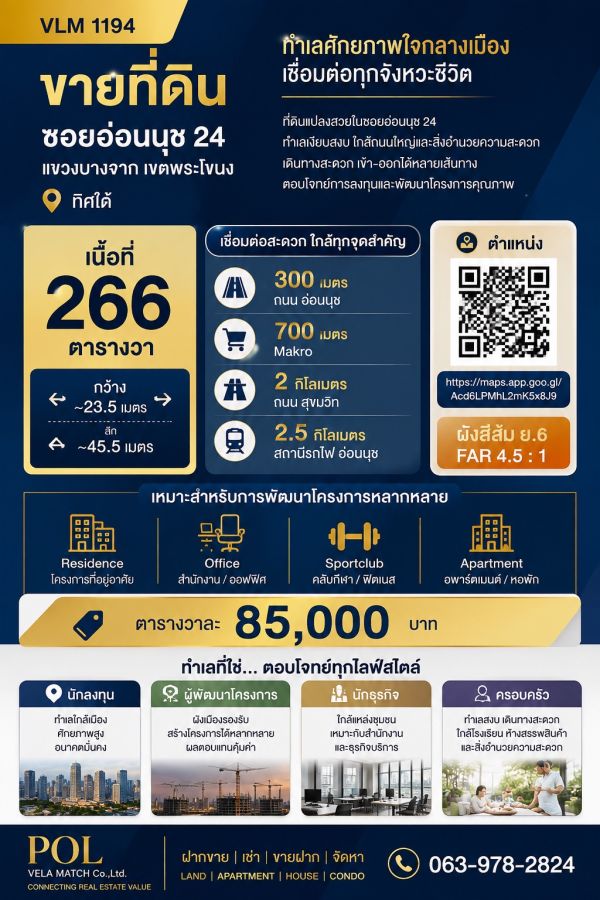 - ขายที่ดินอ่อนนุช 24 ทำเลศักยภาพ ใกล้ถนนอ่อนนุช เหมาะพัฒนา Apartment / Residence / Office เนื้อที่ 266 ตารางวา