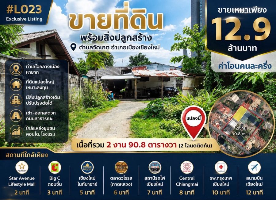 - ขายที่ดินพร้อมสิ่งปลูกสร้าง วัดเกต เมืองเชียงใหม่ | 290.8 ตร.ว. เพียง 12.9 ล้านบาท