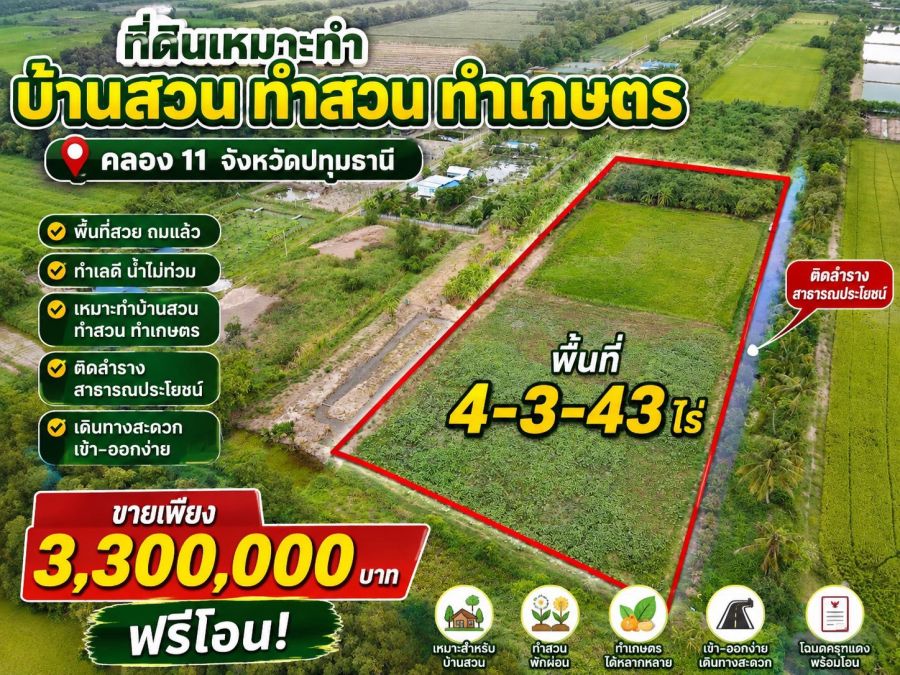 - ขายที่ดินเหมาะสำหรับทำบ้าน ทำสวนและการเกษตร คลอง 11 ตำบล นพรัตน์ อำเภอ หนองเสือ ปทุมธานี