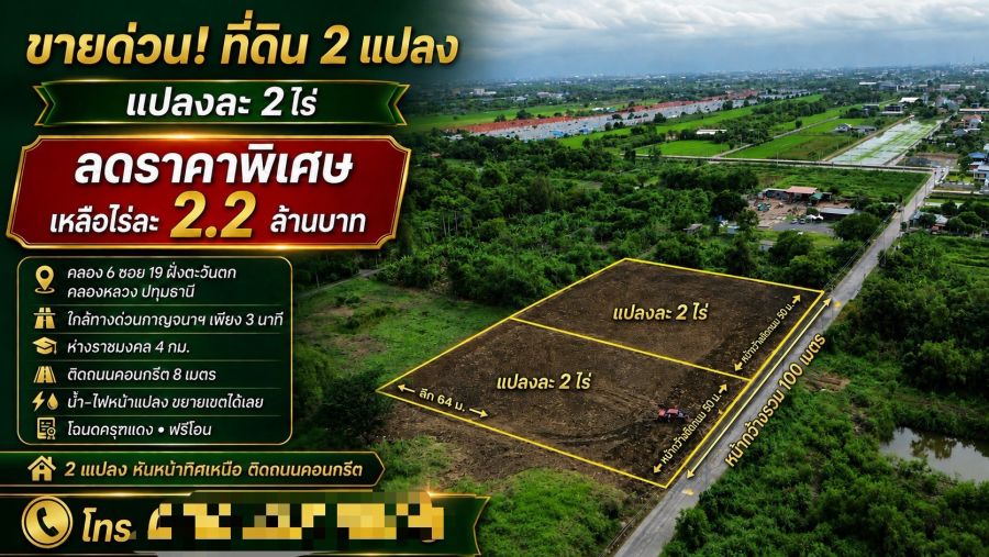 - ที่ดินทำเลทอง คลอง 6 (ซอย 19 ฝั่งตะวันตก) อ.คลองหลวง จ.ปทุมธานี