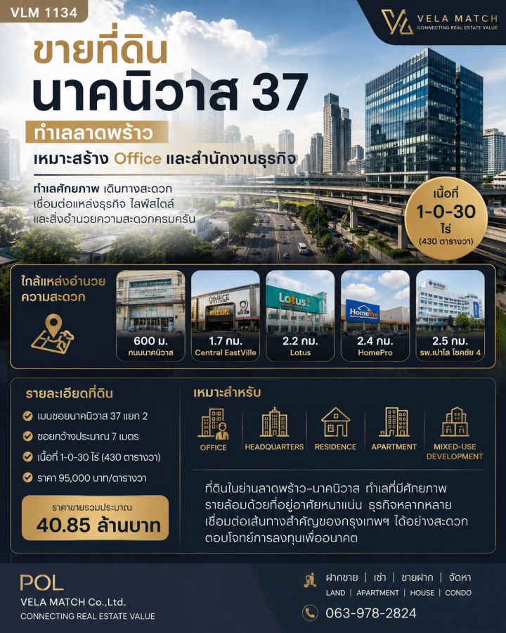 - ขายที่ดินนาคนิวาส 37 แยก 2 ทำเลลาดพร้าว ใกล้ Central EastVille เหมาะพัฒนา Apartment / Residence