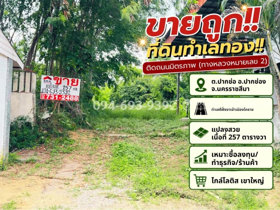 - ขายที่ดินติดถนนมิตรภาพ (ทางหลวงหมายเลข 2) ปากช่อง-นครราชสีมา แปลงสวย เนื้อที่ 257 ตารางวา ทำเลดีฝั่งขาเข้าเมืองโคราช ขายถูก