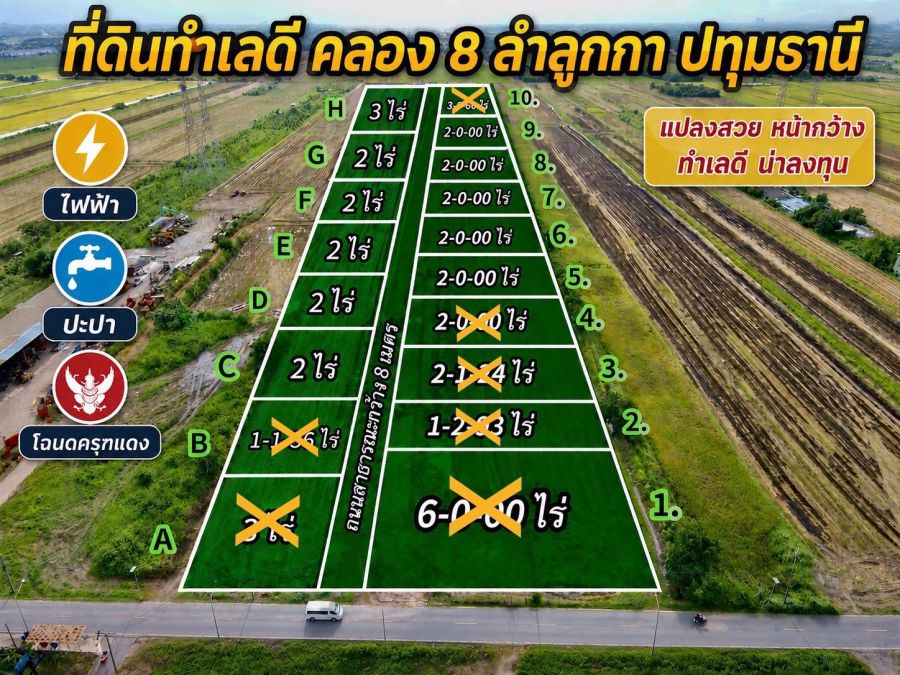 - ที่ดินแปลงใหญ่ คลอง 8 ลำลูกกา ใกล้วัดดอนใหญ่ ทำเลเดินทางสะดวก