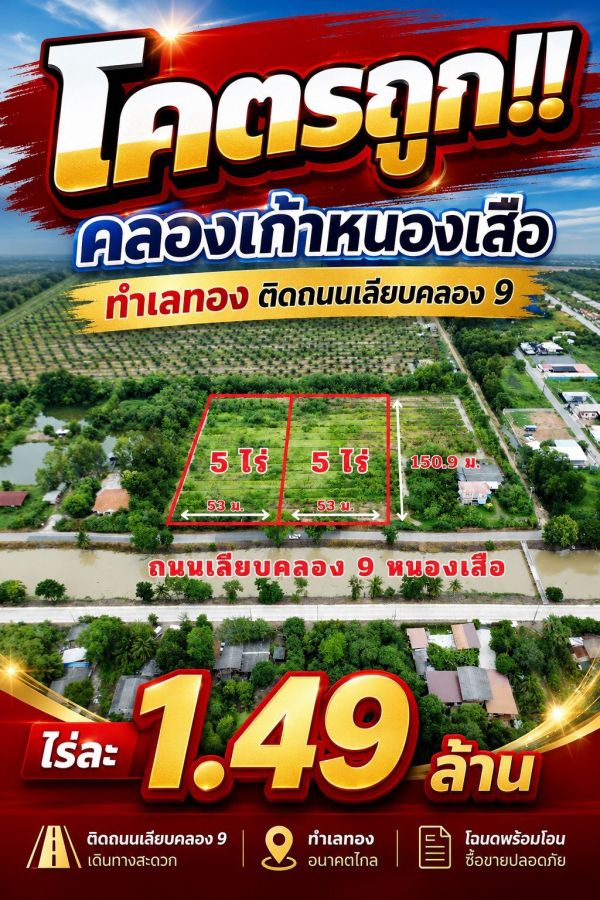 - ที่ดินติดถนนใหญ่เลียบคลอง 9 หนองเสือ ราคาเพียงไร่ละ 1.49 ล้านบาท