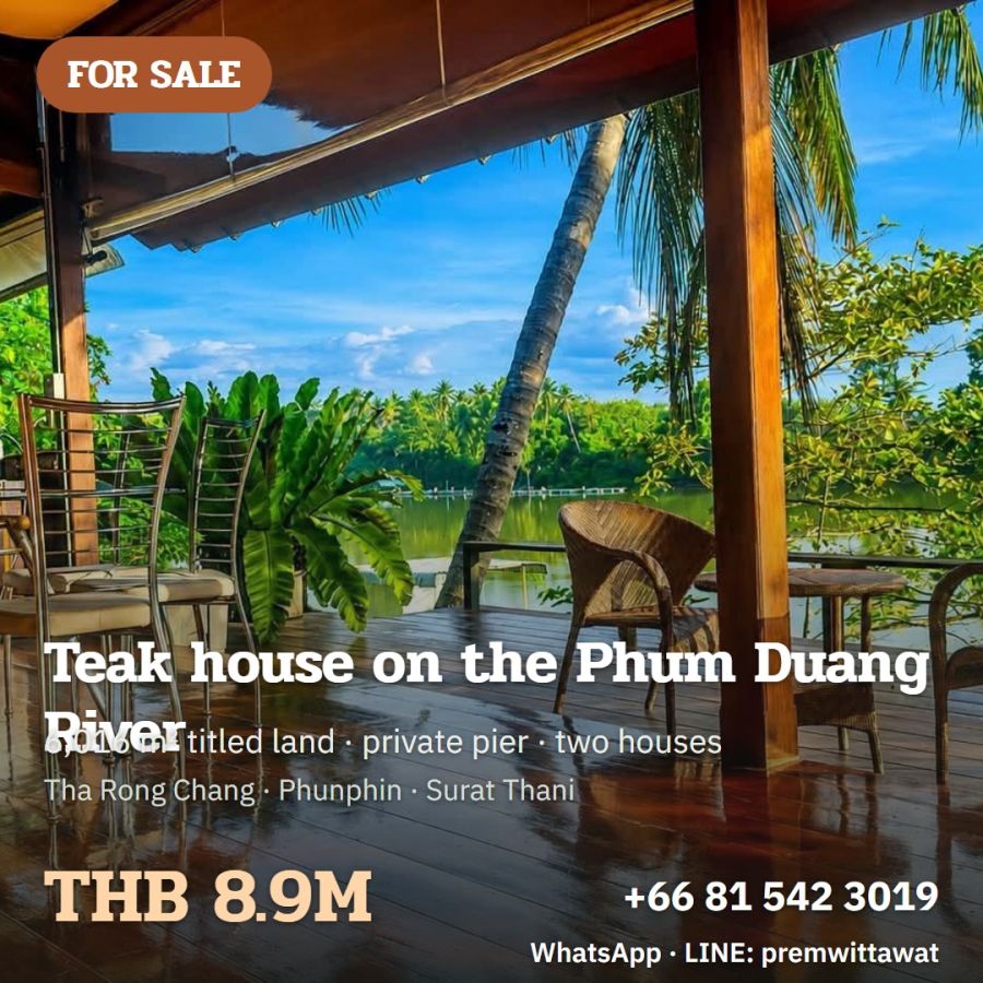 - ขายบ้านไม้ริมแม่น้ำพุมดวง พร้อมที่ดิน 3-3-4 ไร่ ท่าเรือส่วนตัว ท่าโรงช้าง พุนพิน 8.9 ล้าน