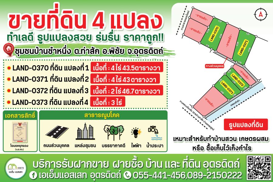 - ที่ดิน 4แปลง ราคาหลักแสน ใกล้เทศบาลส่วนตำบลบ้านท่าสัก โฉนดพร้อมโอน