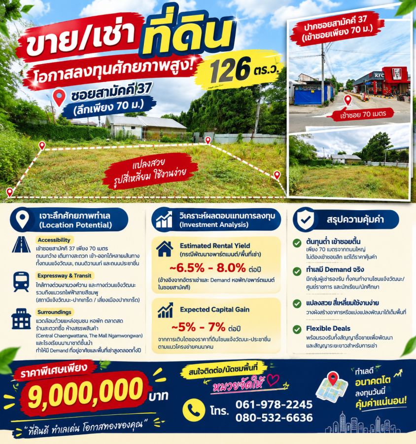 - โอกาสลงทุนศักยภาพสูง! ขาย/เช่า ที่ดิน 126 ตร.ว. ซอยสามัคคี 37 (ลึกเพียง 70 ม.)