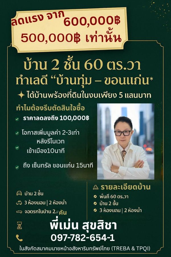 - ขายที่ดินพร้อมบ้านเก่า บ้านทุ่ม ขอนแก่น 60 ตร.วา 469000 บาท
