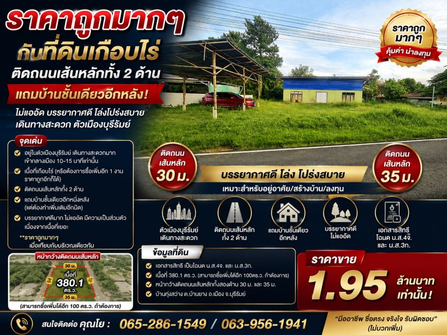 - ราคาถูกมากๆกับที่ดินเกือบไร่ ติดถนนเส้นหลักทั้ง 2ด้าน แถมบ้านชั้นเดียวอีกหลัง ไม่แออัด บรรยากาศดี โล่งโปร่งสบาย เดินทางสะดวก ตัวเมืองบุรีรัมย์