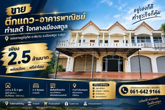 - ขายอาคารพาณิชย์ 2 ชั้น ใจกลางเมืองสตูล เพียง 2.5 ล้านบาท | ฟรีค่าโอน | พร้อมโอน