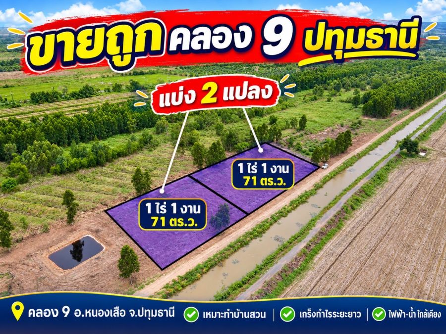 - ขายถูกกว่าราคาประเมิน ที่สวย ทำเลดี อนาคตไกล คลอง 9 อ.หนองเสือ จ.ปทุมธานี