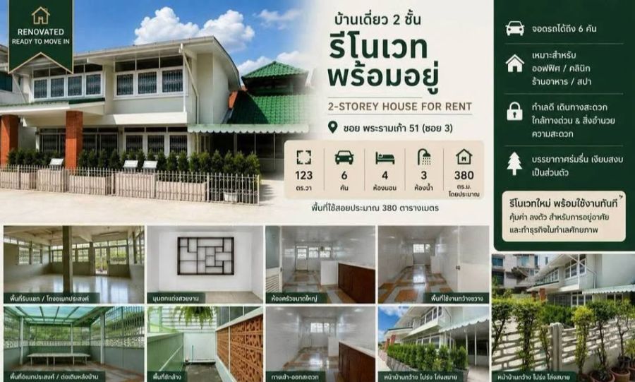 - ให้เช่าบ้านเดี่ยว พระราม 9 ซอย 51 พื้นทีใช้สอยกว่า 380 เหมาะทั้งอยู่อาศัย และทำคลีนิค