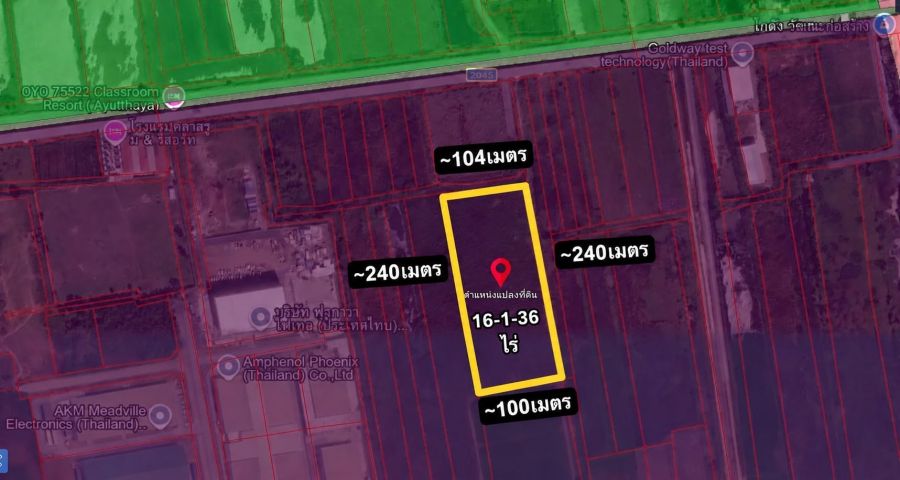- ขายที่ดินผังสีม่วง 16 ไร่กว่า ใกล้สวนอุตสาหกรรมโรจนะ อุทัย อยุธยา หน้ากว้างประมาณ 104 เมตร