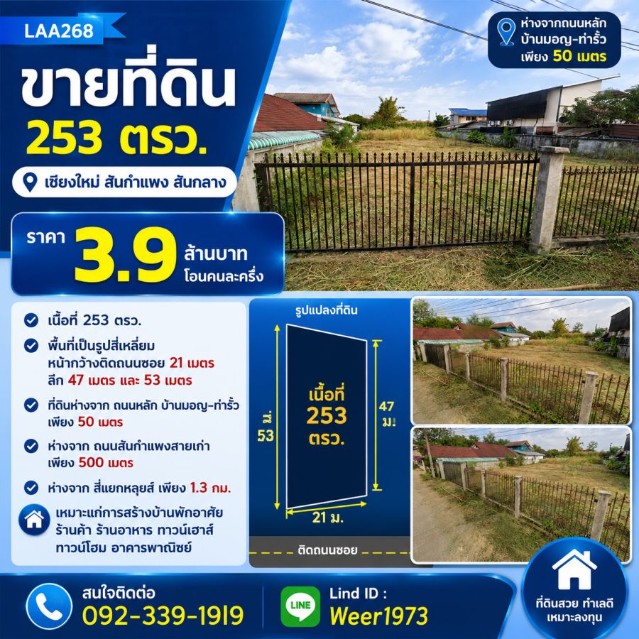 - ขายที่ดินเปล่า 253 ตรว. (ต.สันกลาง อ.สันกำแพง)