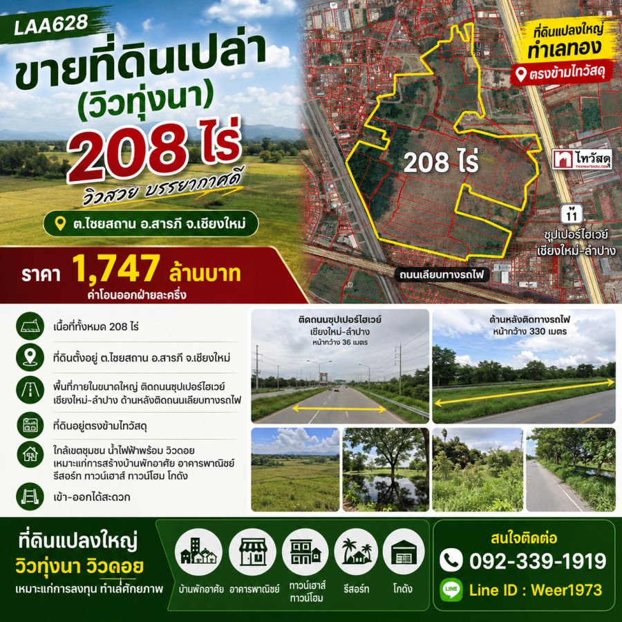 - ขายที่ดินเปล่า(วิวทุ่งนา) 208 ไร่ ต.ไชยสถาน อ.สารภี จ.เชียงใหม่
