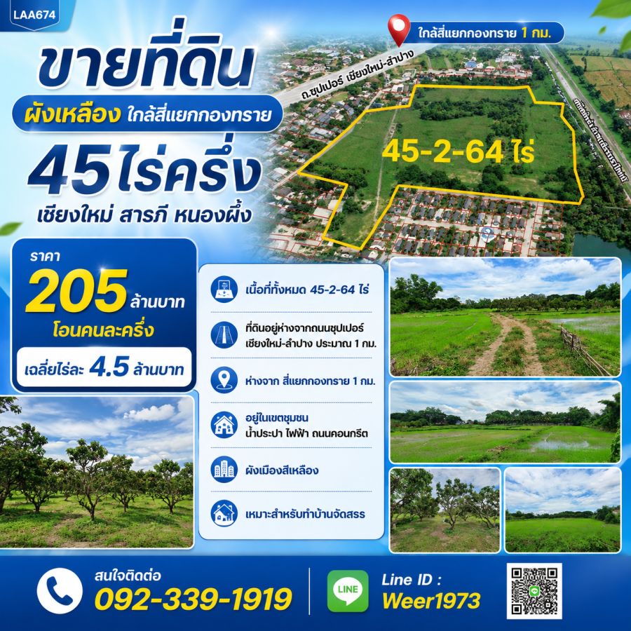 - ขายที่ดินผังเหลือง ใกล้สี่แยกกองทราย 45ไร่ครึ่ง เชียงใหม่ สารภี หนองผึ้ง