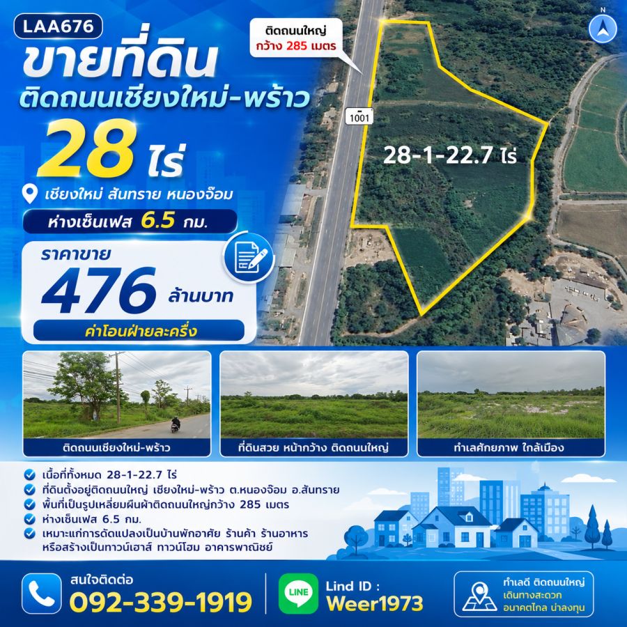 - ขายที่ดินติดถนนเชียงใหม่-พร้าว 28ไร่ ห่างเซ็นเฟส 6.5 กม. เชียงใหม่ สันทราย หนองจ๊อม