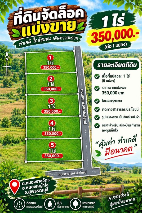 - ขายที่ดินแปลงสวย หนองราชวัตร สุพรรณบุรี ราคาเริ่มเพียง 350,000 บาท/ไร่