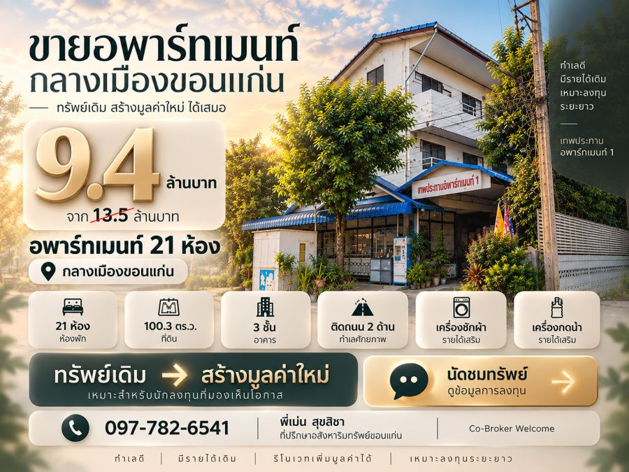 - ขายอพาร์ทเมนท์กลางเมืองขอนแก่น 21 ห้อง | 100.3 ตร.ว. | 9.4 ล้านบาท