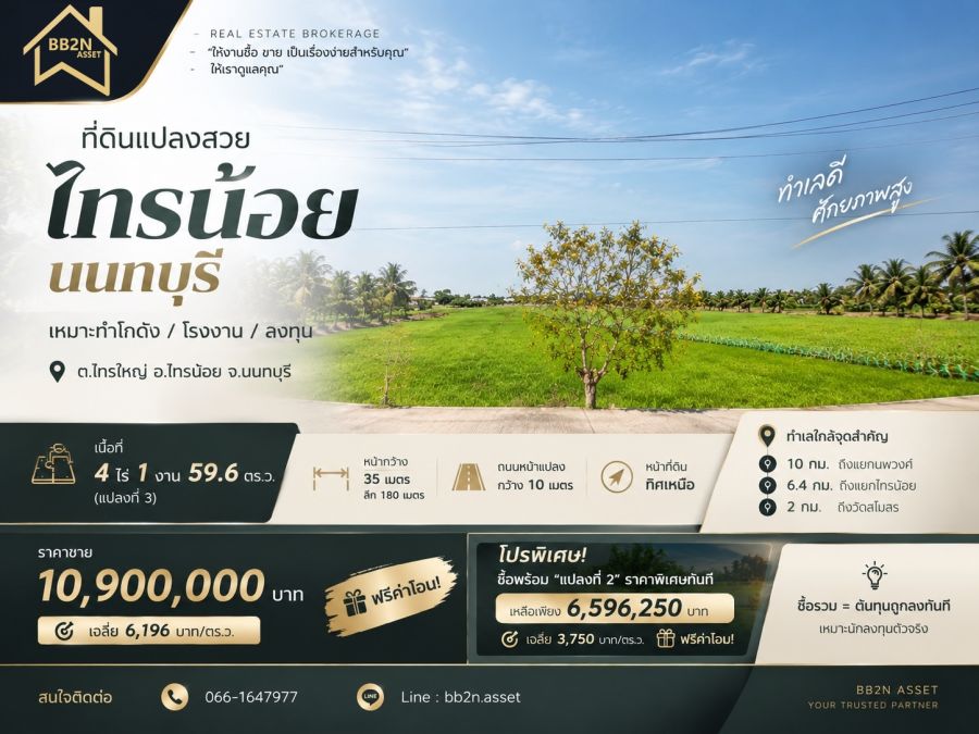- ที่ดิน 4 ไร่ 1 งาน 59.6 ตารางวา อ.ไทรน้อย จ.นนทบุรี