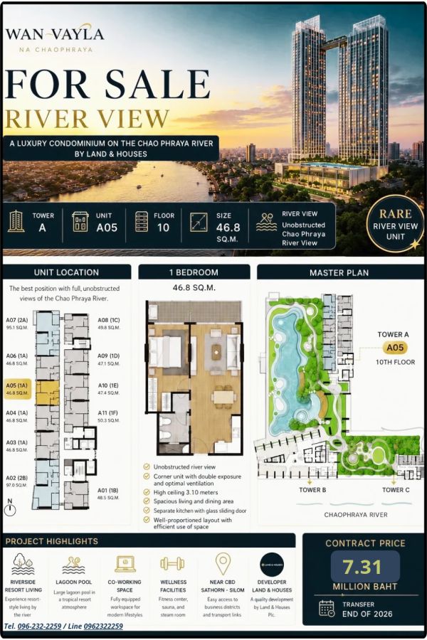 - ขายดาวน์ขายทุน !! โครงการ วัน เวลา ณ เจ้าพระยา ตำแหน่ง 10A05, ห้อง 1 bed ขนาด 46.80 ตรม. สัมผัสสายน้ำเจ้าพระยาแบบ Panorama กับโครงการระดับ Luxury