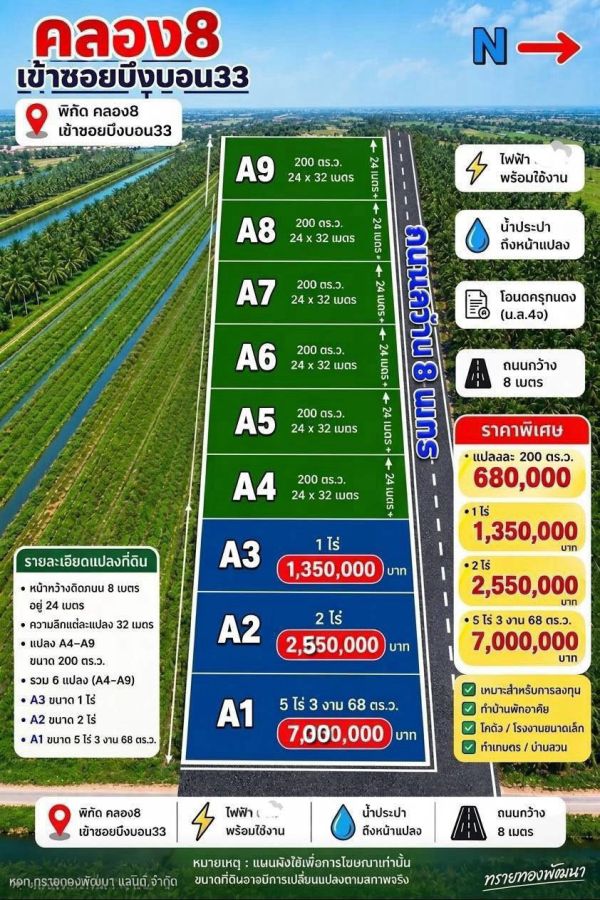 - ขายที่ดินคลอง 8 ปทุมธานี ทำเลน่าสนใจ พื้นที่ครึ่งไร่ ราคาเพียง 680,000 บาท