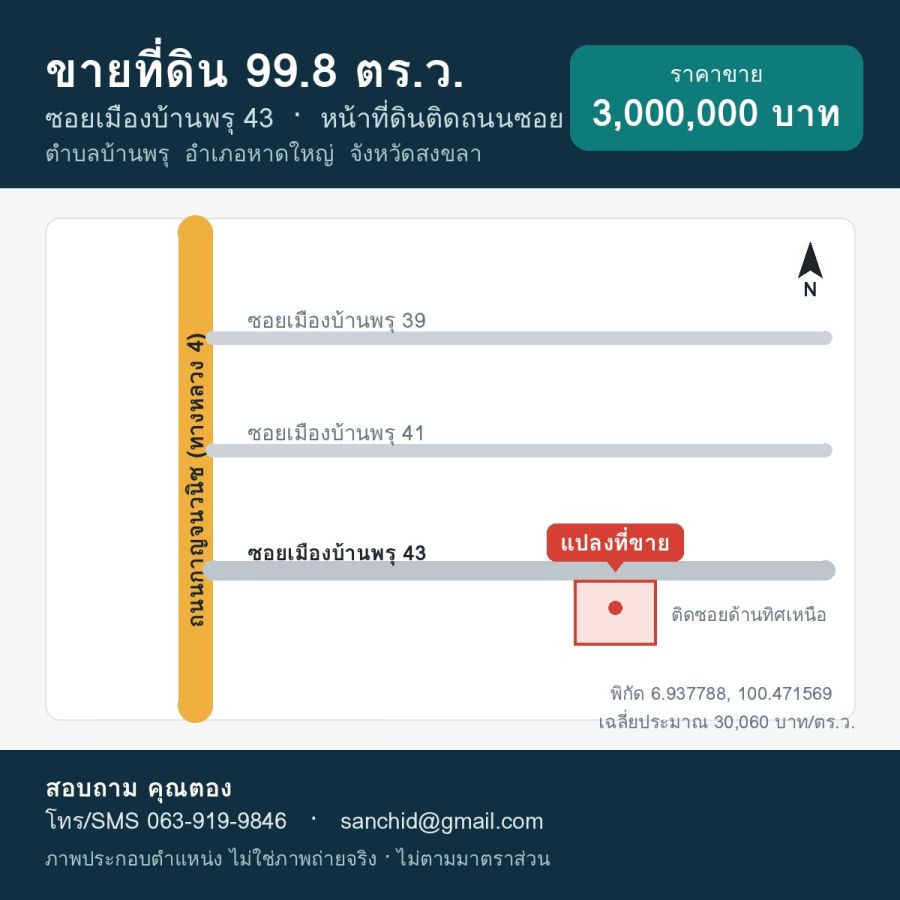 - ขายที่ดิน 99.8 ตร.ว. ซอยเมืองบ้านพรุ 43 หาดใหญ่ ติดถนนซอย ใกล้ถนนกาญจนวนิช